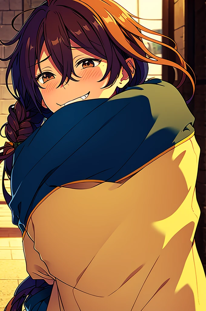 Mayoi hugging cute girl with long caramel hair and brown eyes