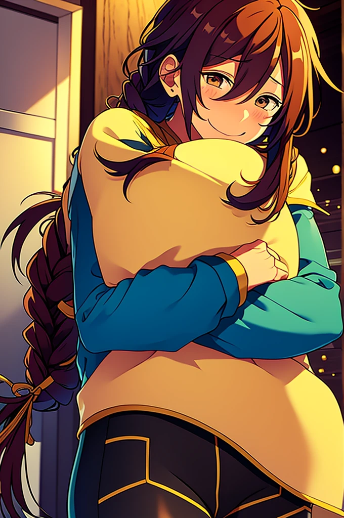 Mayoi hugging cute girl with long caramel hair and brown eyes