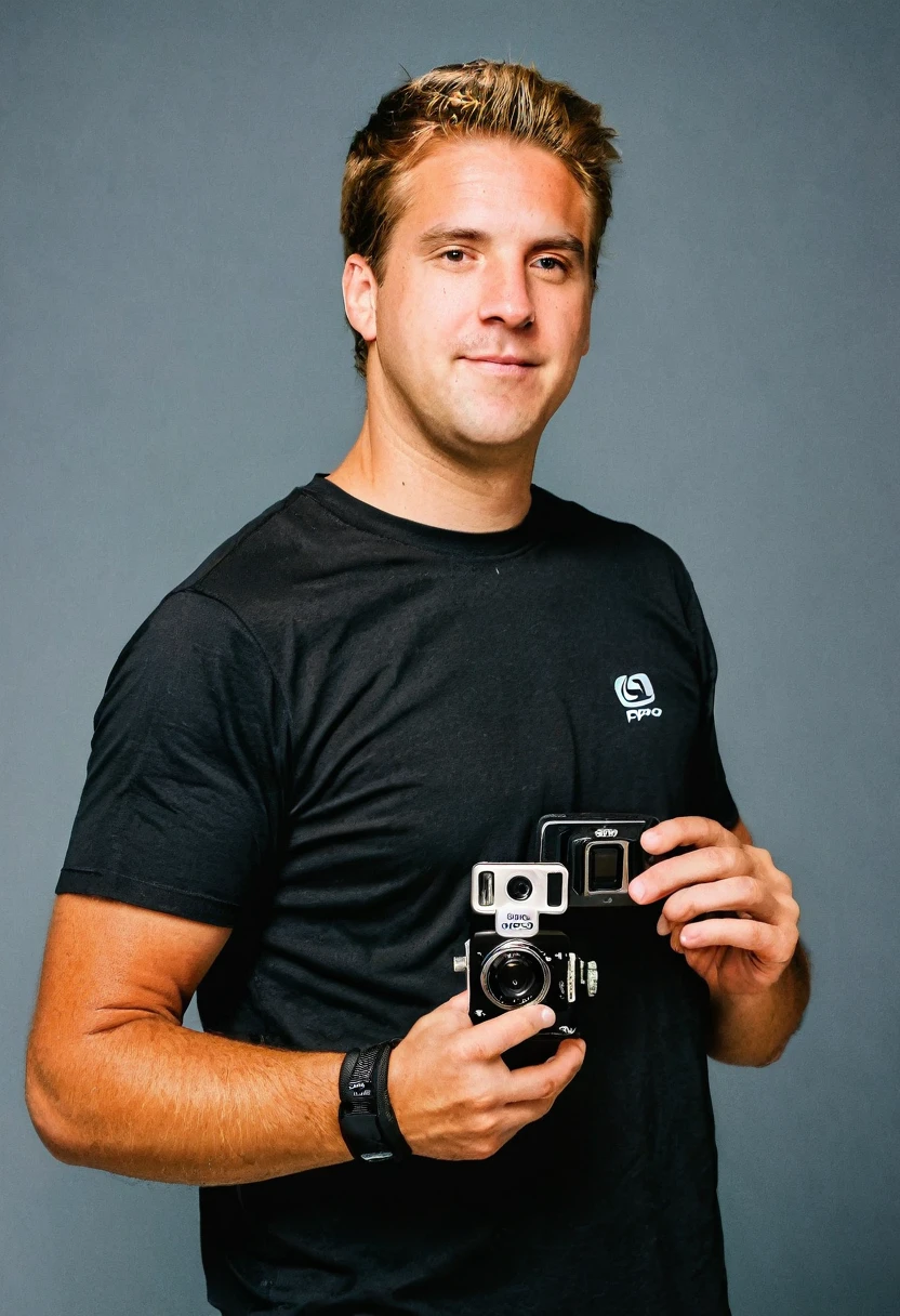 White man holding a small camera, the man is half sideways, the background is black, the man wears a black shirt, the camera is a go pro.