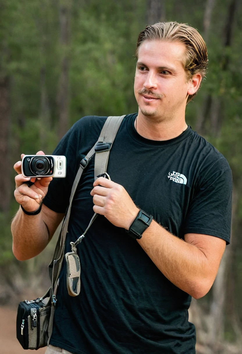 White man holding a small camera, the man is half sideways, the background is black, the man wears a black shirt, the camera is a go pro.