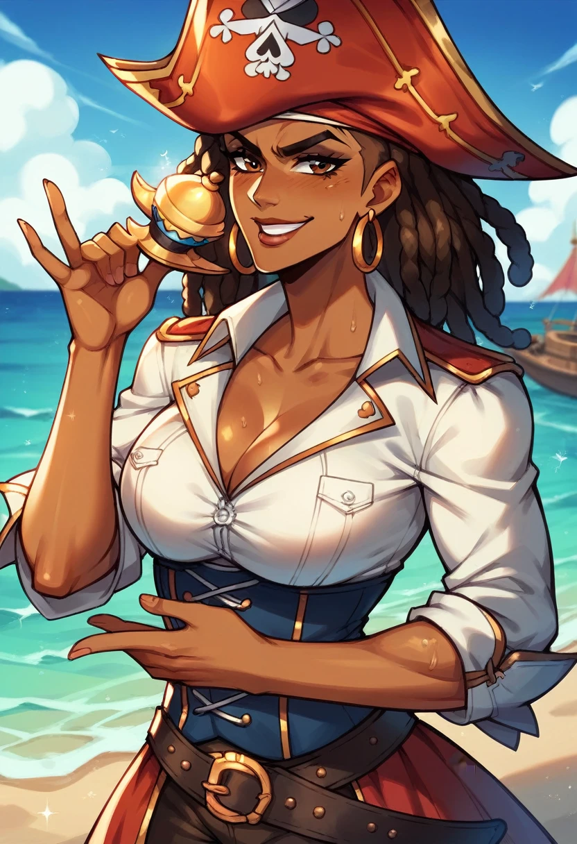 (masterpiece), best quality, expressive eyes, perfect face, perfect eyes, perfect hair, perfect body, perfect hands, perfect fingers, high detail, best detail, pirate, cavalier pirate hat, pirate leathers, sheathed sword, cocky smile, confident, dominant, powerful, pirate raid, raiding ship, fighting, background chaos, dark skin, beautiful brown skin, beautiful dreadlocks, Adult Female, sweat, toned body, alone, brown hair, brown eyes, 