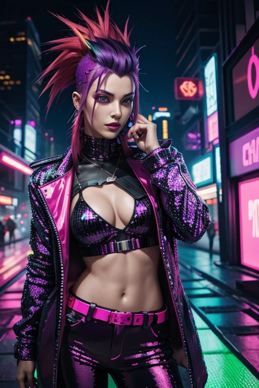 Cyberpunk, Woman, open purple sequin coat, red clothing, cyberpunk mercenary, red silk shirt, neon green Mohawk hair, neon party lights in background, bright yellow pants, party going, cyberpunk party with neon light display in background