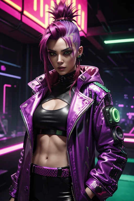 Cyberpunk, Woman, open purple sequin coat, red clothing, cyberpunk mercenary, red silk shirt, neon green Mohawk hair, neon party lights in background, bright yellow pants, party going, cyberpunk party with neon light display in background