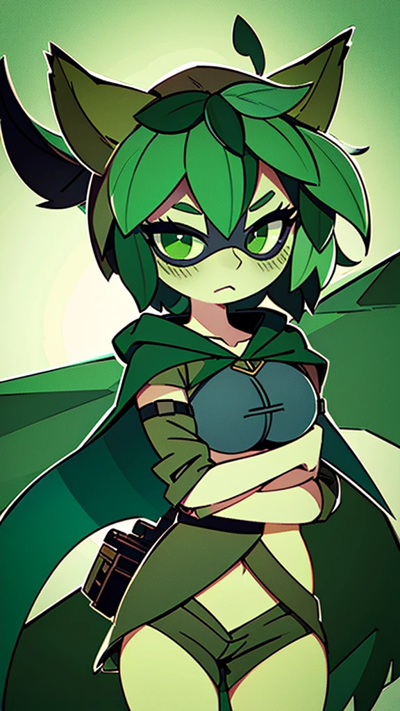 green hair, green sclera, green eyes, colored skin, green skin, domino mask, cape, hood black jacket, brown pants leaf, crossed arms, blushing, chibi