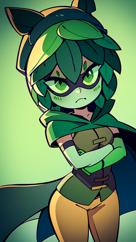 green hair, green sclera, green eyes, colored skin, green skin, domino mask, cape, hood black jacket, brown pants leaf, crossed arms, blushing, chibi