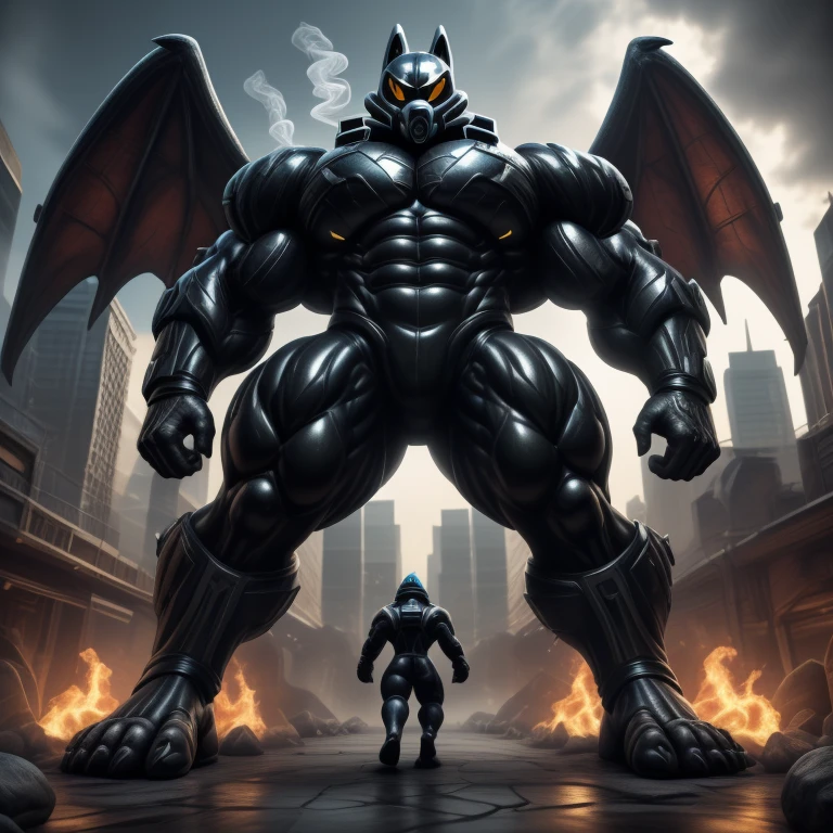 (masterpiece. official art. 8k. best quality. detailed full body. full body.)
(situation 1 : dominating mega lucario. focus GIANT mechanical Muscular mega lucario is trampling the CITY. macro. stomp. Low-angle perspective. emphasizing the immense size. The perspective is from below, emphasizing the sheer majesty and power of the Giant. giant art. He is much bigger than a skyscraper. Giga Giants. micro soccer field. looking down.)

(situation 2 :smoke and flames rising from the destruction in the city)

(Additional details 1: wearing a full-face helmet. helmet is jet black. The color of NANOSUIT is jet black. high-tech bio-mecha armor. real texture material. whole body shines like metal. Wearing cyberpunk mecha. emphasizes the muscles. suit fully made of metal. intricate armor. Robotic suit. suit fully made of metal. no face.). (mega lucario has 5 toes.) Wearing a Full Face Toxic Gas Mask. no blue.
An arrogant expression.
smile at the corner of your mouth.

(Additional details 2: (Detailed head. Detailed Body. Detailed abs. gigantic muscles. HYPER MUSCLES. Gigachad Muscular. big muscle. pecs. triceps. traps. unusually developed muscular body. body full of huge muscles. showing off muscles. pectorales enormes. Exaggeratedly huge muscles. huge muscles. long legs.).

(Additional details 3: nj5furry, Spread wings. It has wings. black have big wings. The claws are sharp. Sharp teeth.5 toes.).  Wearing a Full Face Toxic Gas Mask. 