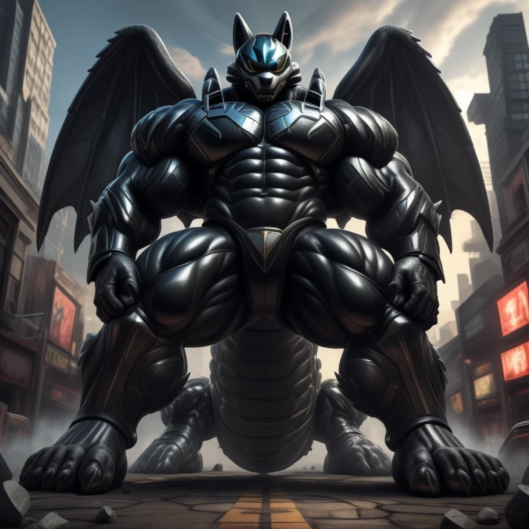 (masterpiece. official art. 8k. best quality. detailed full body. full body.)
(situation 1 : dominating mega lucario. focus GIANT mechanical Muscular mega lucario is trampling the CITY. macro. stomp. Low-angle perspective. emphasizing the immense size. The perspective is from below, emphasizing the sheer majesty and power of the Giant. giant art. He is much bigger than a skyscraper. Giga Giants. micro soccer field. looking down.)

(situation 2 :smoke and flames rising from the destruction in the city)

(Additional details 1: wearing a full-face helmet. helmet is jet black. The color of NANOSUIT is jet black. high-tech bio-mecha armor. real texture material. whole body shines like metal. Wearing cyberpunk mecha. emphasizes the muscles. suit fully made of metal. intricate armor. Robotic suit. suit fully made of metal. no face.). (mega lucario has 5 toes.) Wearing a Full Face Toxic Gas Mask. no blue.
An arrogant expression.
smile at the corner of your mouth.

(Additional details 2: (Detailed head. Detailed Body. Detailed abs. gigantic muscles. HYPER MUSCLES. Gigachad Muscular. big muscle. pecs. triceps. traps. unusually developed muscular body. body full of huge muscles. showing off muscles. pectorales enormes. Exaggeratedly huge muscles. huge muscles. long legs.).

(Additional details 3: nj5furry, Spread wings. It has wings. black have big wings. The claws are sharp. Sharp teeth.5 toes.).  Wearing a Full Face Toxic Gas Mask. 