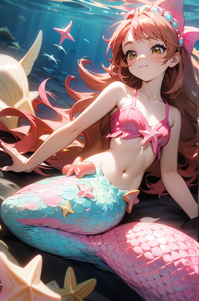 Mermaid, mermaid with pink fish tail, pink scales, long caramel hair, caramel hair, brown eyes, wears a pink top with seashells, wears seashell accessories, pearl beads decorating waist, wears a pink headband with seashells and starfish, caramel hair, light brown hair 