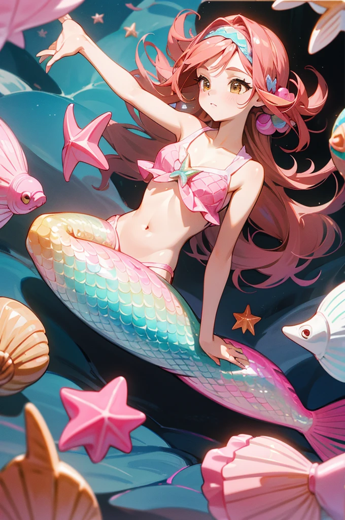 Mermaid, mermaid with pink fish tail, pink scales, long caramel hair, caramel hair, brown eyes, wears a pink top with seashells, wears seashell accessories, pearl beads decorating waist, wears a pink headband with seashells and starfish, caramel hair, light brown hair 