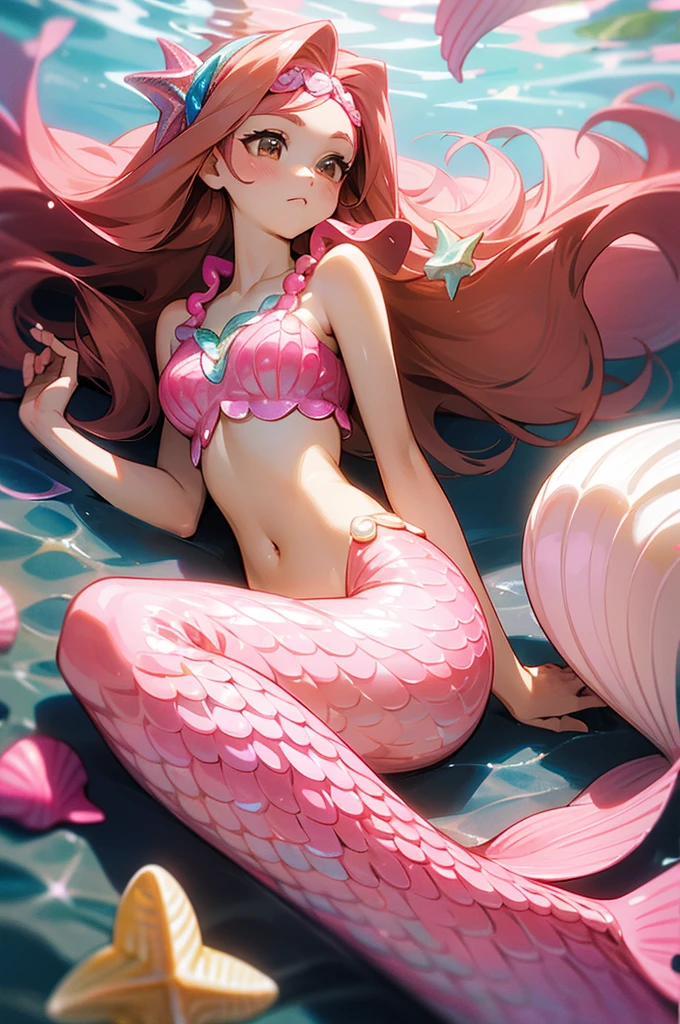 Mermaid, mermaid with pink fish tail, pink scales, long caramel hair, caramel hair, brown eyes, wears a pink top with seashells, wears seashell accessories, pearl beads decorating waist, wears a pink headband with seashells and starfish, caramel hair, light brown hair