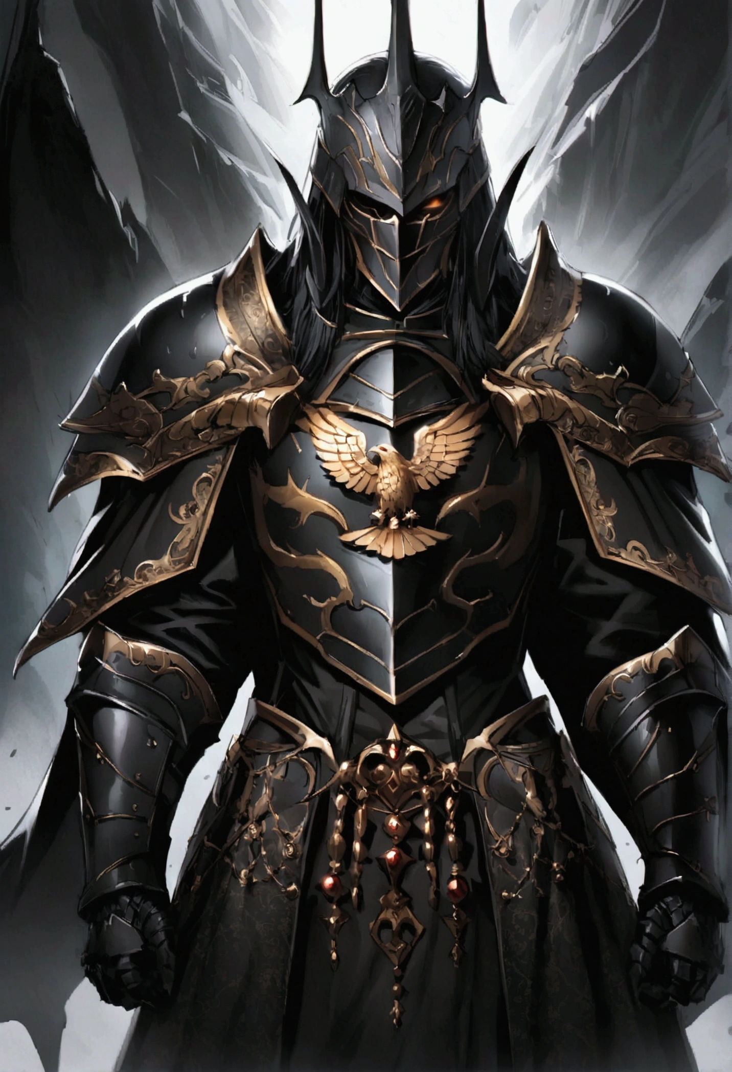 Lord of the rings wallpapers, not canon eos 5d mark iv style, gothic grader, close-up intensity, gray and gold, elaborate costumes,golden eagle insignia, filmed in 70mm --ar 16:9 --q 2 --s 1000, Sauron, Melkior, Lord of the Rings, black armor, knight, King, Imperator, grimdark