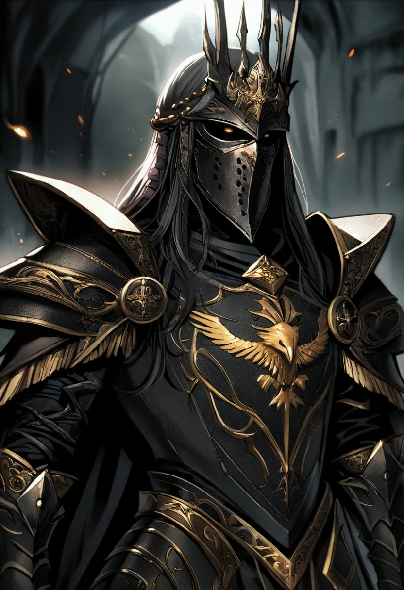 Lord of the rings wallpapers, not canon eos 5d mark iv style, gothic grader, close-up intensity, gray and gold, elaborate costumes,golden eagle insignia, filmed in 70mm --ar 16:9 --q 2 --s 1000, Sauron, Melkior, Lord of the Rings, black armor, knight, King, Imperator, grimdark