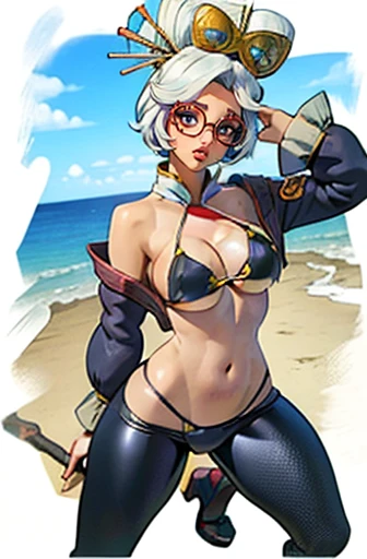 cheap, White hair ,red glasses Aura, hair ornament, Red eyes, earrings ,pomade, eyeshadow , bikini dunkellila, Wizard (Bikini-Krieger) ,black boots above the knee, black elbow gloves, leggings, cum on clothes