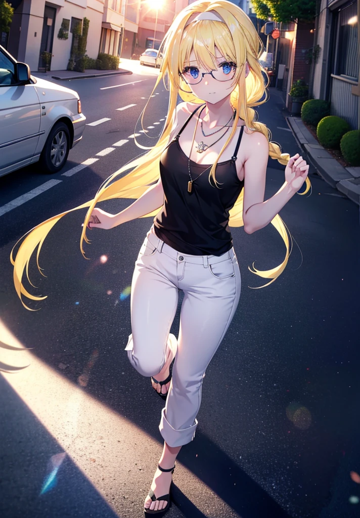 Alicesburg, Alice Zuberg, bangs, blue eyes, Blonde, Hair between the eyes, Very long hair, Braiding, hair band, white hair band,Black-rimmed glasses,Yellow Tank Top,Locket Necklace,skinny pants,Stiletto heels,Walking,morning,morning陽,The sun is rising,whole bodyがイラストに入るように,smile,blush,
break outside, Residential Street,
break looking at viewer, whole body,
break (masterpiece:1.2), Highest quality, High resolution, unity 8k wallpaper, (figure:0.8), (Beautiful attention to detail:1.6), Highly detailed face, Perfect lighting, Highly detailed CG, (Perfect hands, Perfect Anatomy),