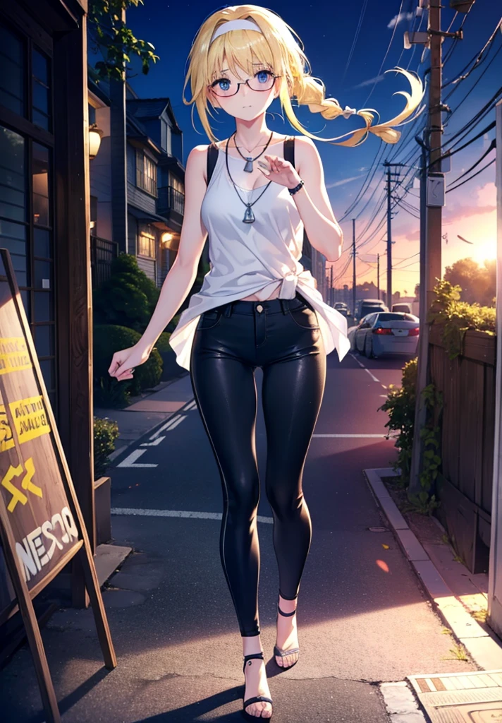 Alicesburg, Alice Zuberg, bangs, blue eyes, Blonde, Hair between the eyes, Very long hair, Braiding, hair band, white hair band,Black-rimmed glasses,Yellow Tank Top,Locket Necklace,skinny pants,Stiletto heels,Walking,morning,morning陽,The sun is rising,whole bodyがイラストに入るように,smile,blush,
break outside, Residential Street,
break looking at viewer, whole body,
break (masterpiece:1.2), Highest quality, High resolution, unity 8k wallpaper, (figure:0.8), (Beautiful attention to detail:1.6), Highly detailed face, Perfect lighting, Highly detailed CG, (Perfect hands, Perfect Anatomy),