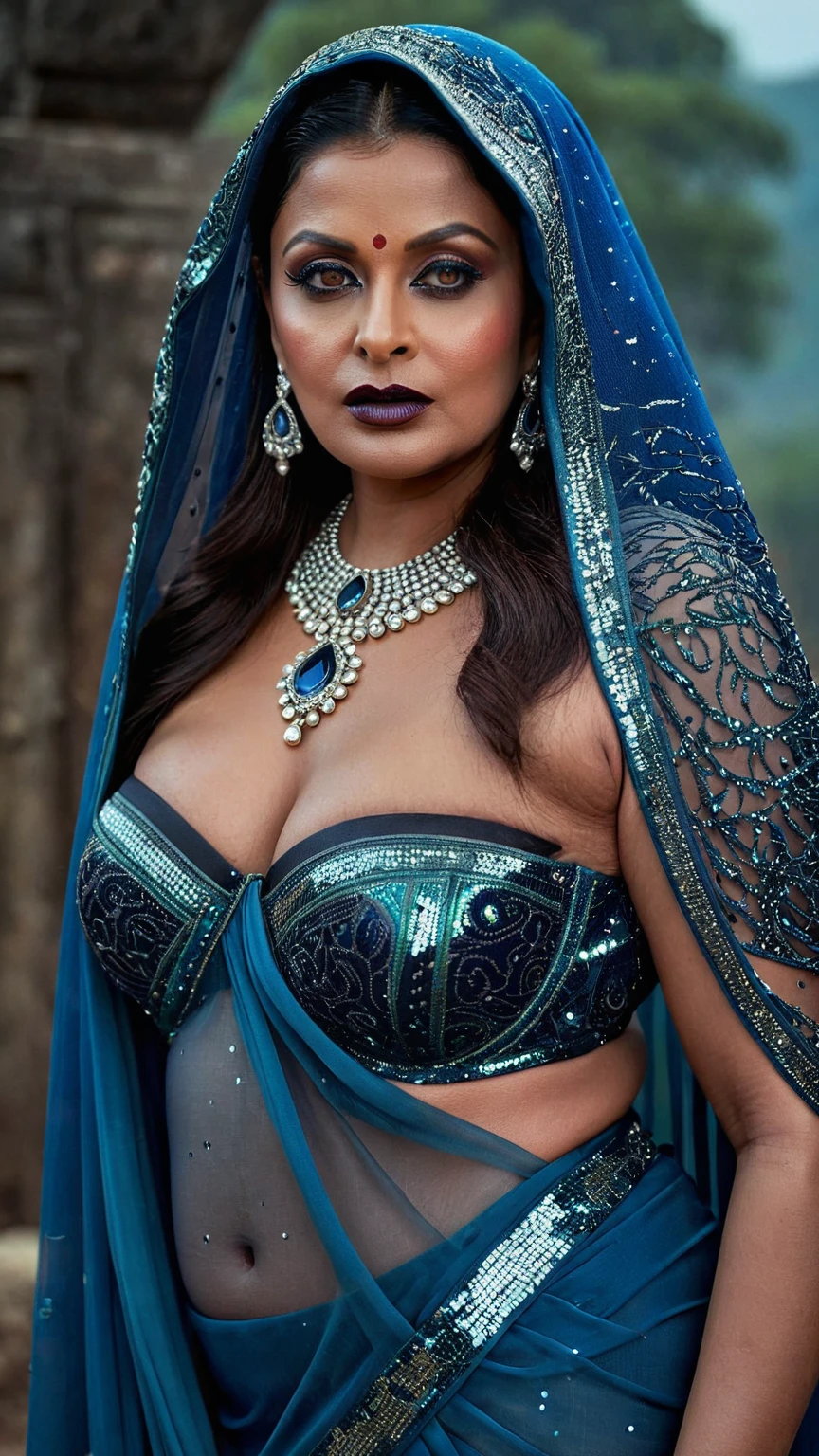 Looks like Aishwarya Rai, full body Closeup shot, Big chubby aunty, milf, cougar lady witch, horny Gothic milf, 70 years old gorgeous mature lady, pervert demoness, demoness of lust, curvy, black lips, horny face, extremely gorgeous, thick figure, heavy physique, voluptuous, curvy, sexy figure, Fashionable portrait of androgynous alien looking witch wearing veil, glowing eyes, futuristic design, minimal details, givenchy, photoreal, 200mm, hd, f/ 2.0, highly detailed, surreal, sexy beautiful evil woman, sexy bold sequin Saree with strapless Bra, chudail, Pishachini, horror genre, blood-thirsty enchantress, powerful female spirit, eerie, drop dead, in the style of red and blue, (intricate details, hyperdetailed:1.15) (skin texture:1.2), dark Moody tone, cinematic lighting, haunted place in background,