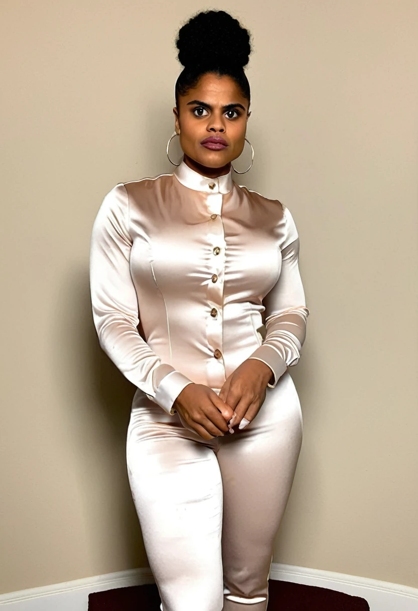 (bodybuilder zazie beetz showing closed teeth with flared nostrils and furrowed brows:1.5) in a (closed satin skintight buttondown band collar blouse:1.6), tight hairbun, skintight satin pants,