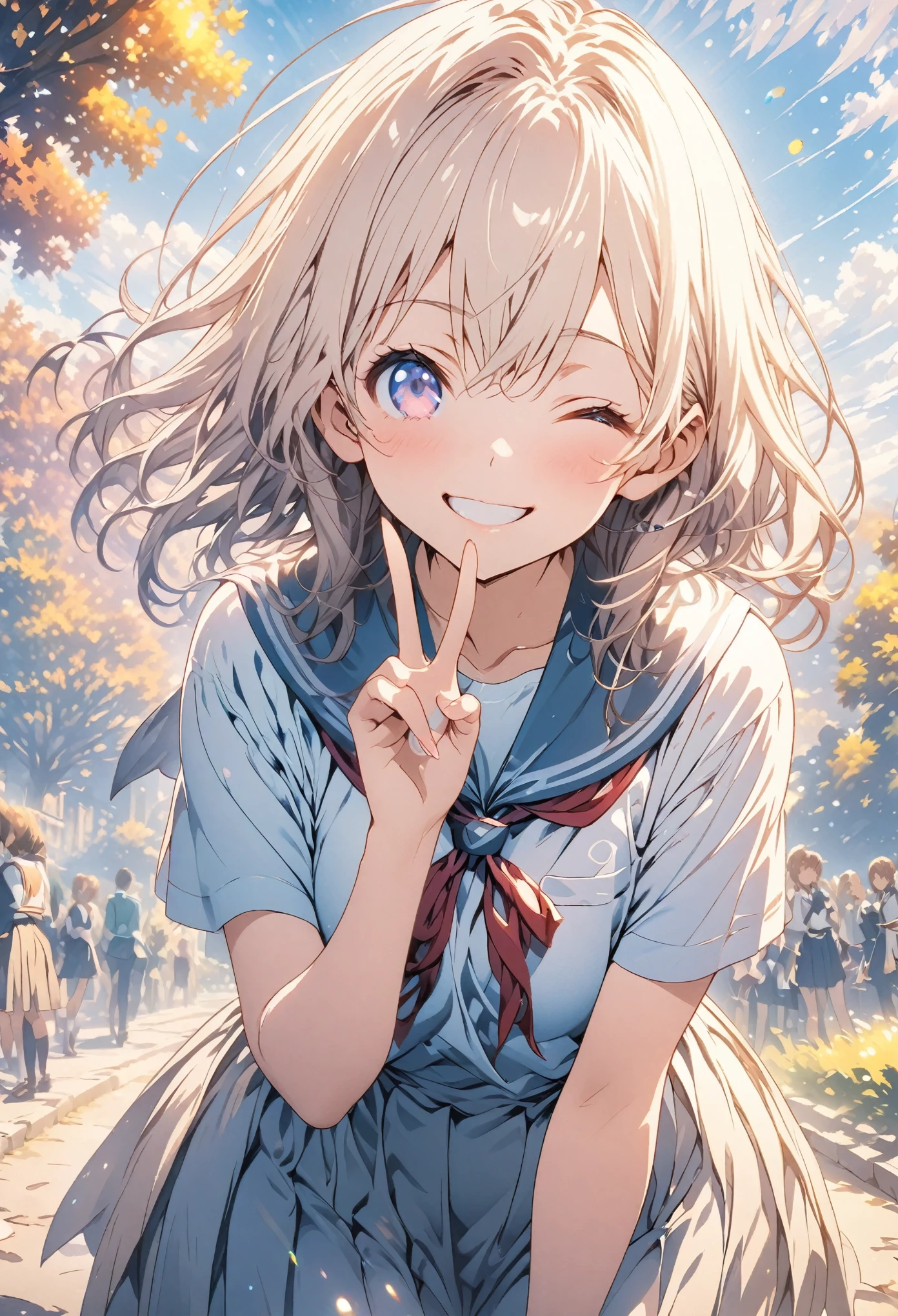 masterpiece, Highest quality, Highly detailed CG Unity 8K wallpapers, High School Girl Anime Illustration. Wearing a uniform、Hands making a peace sign、she has her eyes closed and mouth open, smile. The background is a light pastel colored landscape