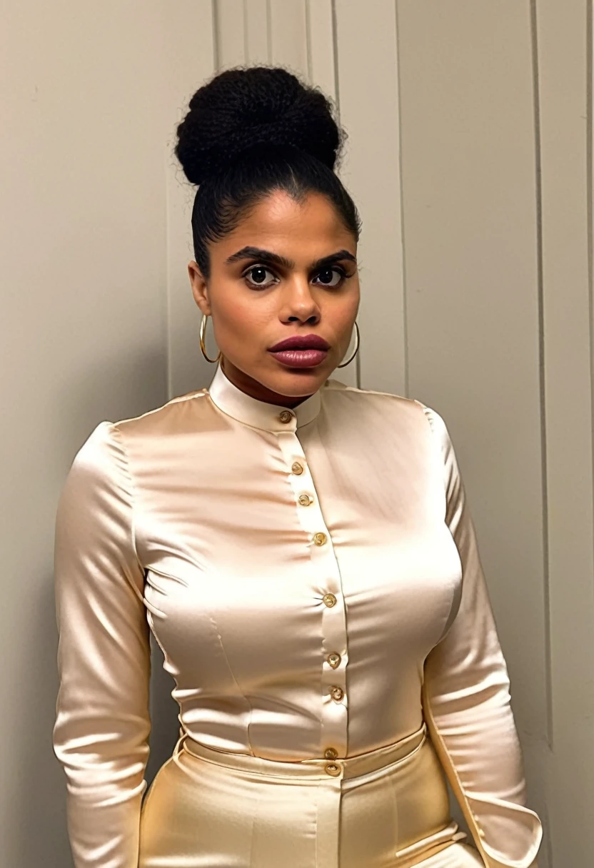 (bodybuilder zazie beetz showing closed teeth with flared nostrils and furrowed brows:1.5) in a (closed satin skintight buttondown band collar blouse:1.6), tight hairbun, skintight satin pants, 
