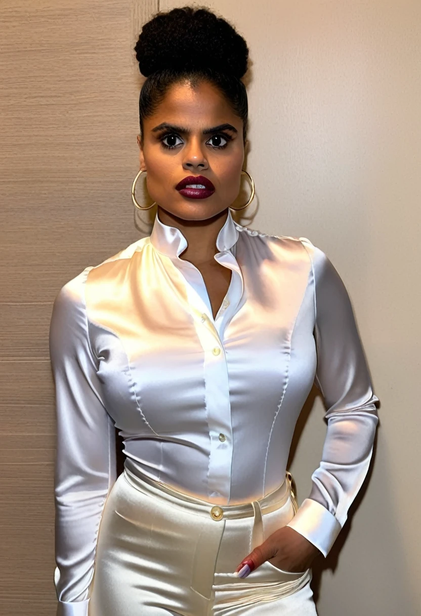 (bodybuilder zazie beetz showing closed teeth with flared nostrils and furrowed brows:1.5) in a (closed satin skintight buttondown band collar blouse:1.6), tight hairbun, skintight satin pants, 
