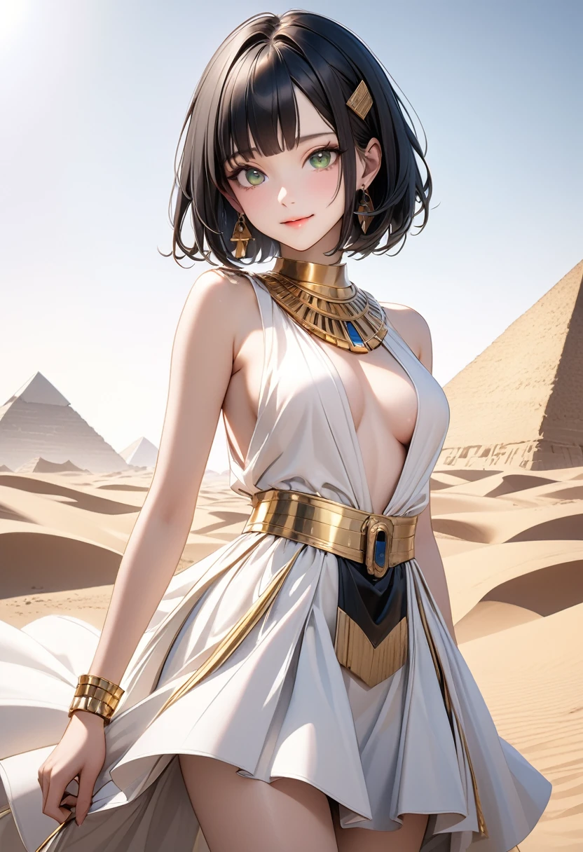 Old Egyptian AI, Cleopatra, Greek, Egyptian Queen, (Traditional Egyptian Wigs), (Beautiful and exquisite face and eyes:1.2), ai-generated, Green Eyes, Black Hair, (I slicked my hair back.), Bobcut, White skin, Detailed skin, Medium chest, Egyptian white sleeveless dress, (Egyptian clothing made with an abundance of gold and jewels), Egyptian Dress Up, Gorgeous skirts, Gorgeous gold gemstone necklace, Earrings, Gold accessories for the whole body, One girl, alone, 最high quality, (masterpiece:1.2), high quality, High resolution, (Super detailed), (Portraiture), Realistic, 4K, Ultra HD, Highly detailed and exquisite, High resolution, High resolution, Highly detailed CG, 2 bits.8 Lenses, Detailed Background, Detailed landscape, (Dynamic pose:1.2), sexy, oasis, Cinema Lighting, smile, One Pyramid, desert, dutch angle, sexy,Shiny costumes, (erect nipples), sexy pose, skindentation,