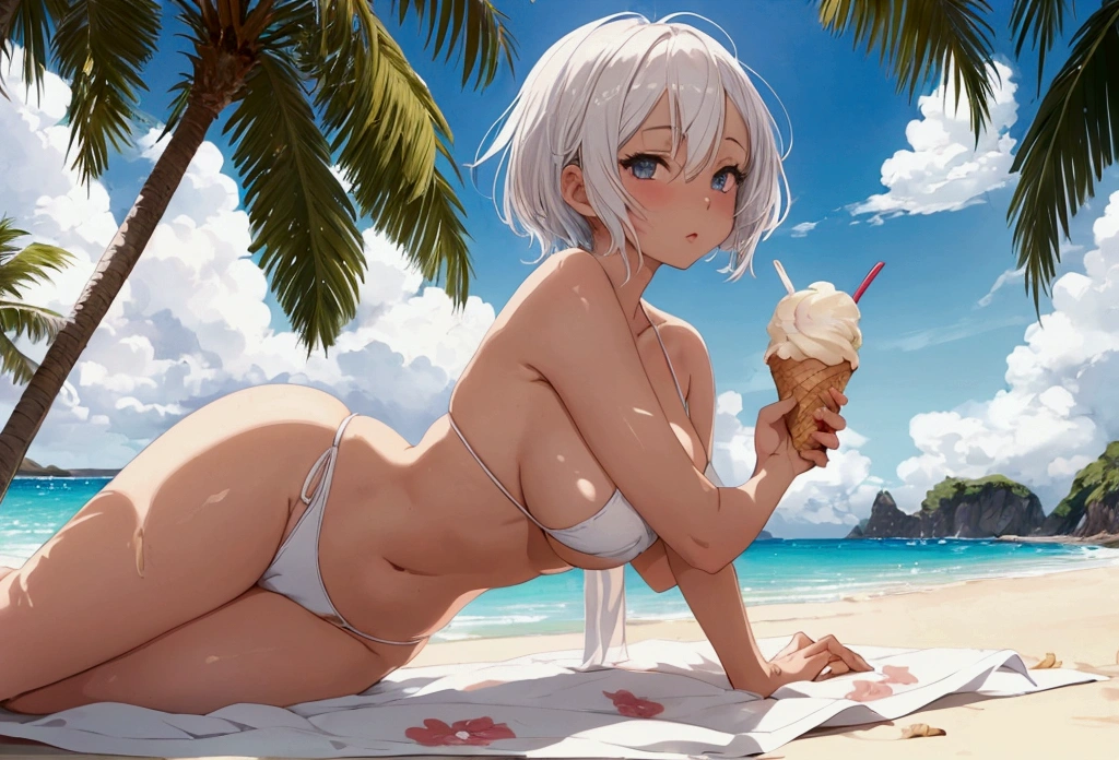 A beautiful anime girl with short white hair, wearing a sexy white bikini and a revealing thong, laying on a beach and eating an ice cream on a sunny summer day, photographed from a low camera angle focusing on her thighs, surrounded by a stunning landscape.