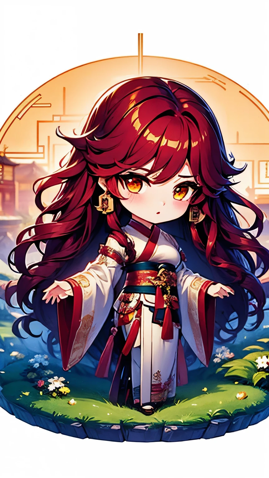 Chibi character pixel art, ((xian mei)), 1 girl with long red hair, standing, Chibi style, high quality pixel art, Gege Akutami, photography, beautiful, colorful, realistic, masterpieces, top quality, best quality, official art, beautiful and aesthetic, hanfu,