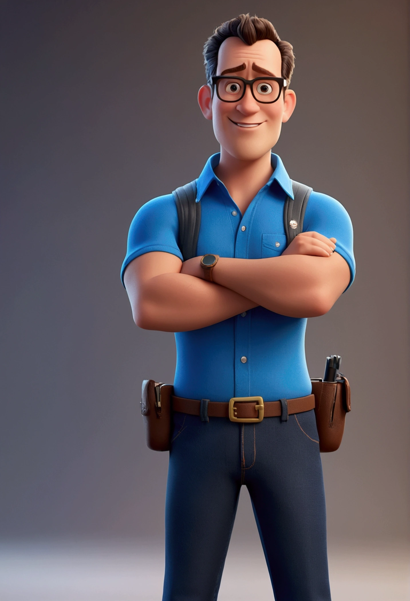 Cartoon character of a man with black glasses and a blue shirt, animation character, Caractere estilizado, animation style rendering, 3D estilizado, Arnold Maya render, 3 d render stylized, toon render keyshot, Personagem 3D, Personagem 3D, 3d rendering stylized, 3 d character render, personagem de desenho animado, Personagem de close up, Pose de personagem,  (Estilo Pixar) (master part:1.2) (Bokeh) (best quality) (pele detalhada) (textura detalhada) (8k) (argila) (Cinematic lighting) (foco nítido