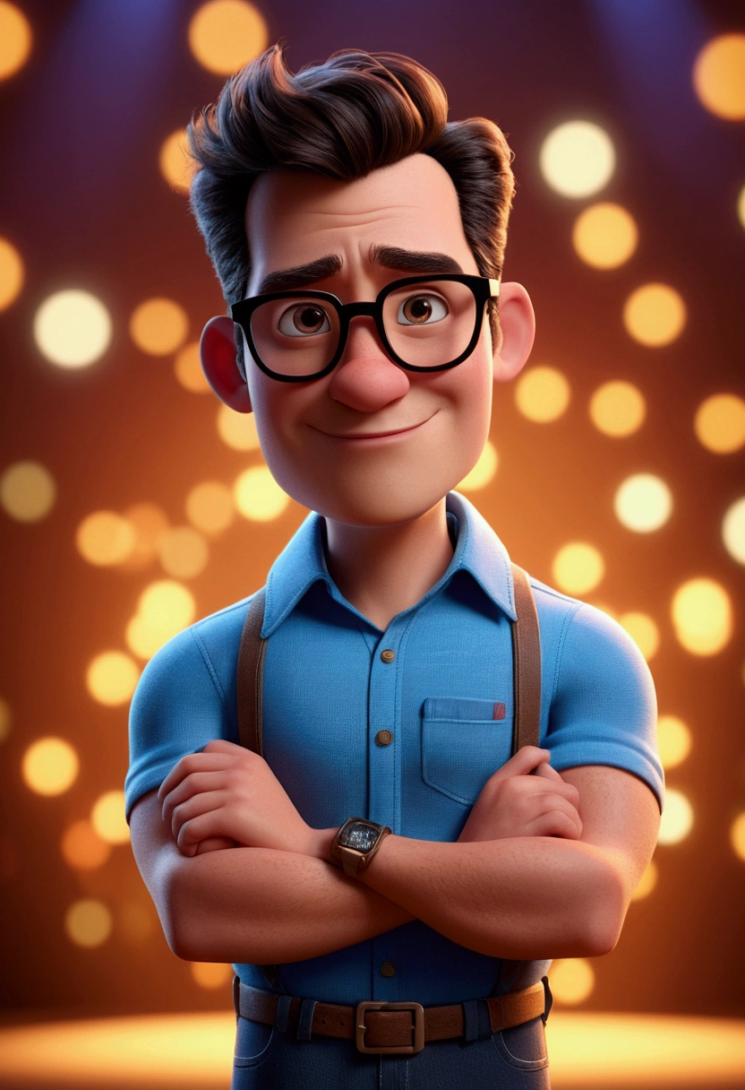 Cartoon character of a man with black glasses and a blue shirt, animation character, Caractere estilizado, animation style rendering, 3D estilizado, Arnold Maya render, 3 d render stylized, toon render keyshot, Personagem 3D, Personagem 3D, 3d rendering stylized, 3 d character render, personagem de desenho animado, Personagem de close up, Pose de personagem, (Estilo Pixar) (master part:1.2) (Bokeh) (best quality) (pele detalhada) (textura detalhada) (8k) (argila) (Cinematic lighting) (foco nítido