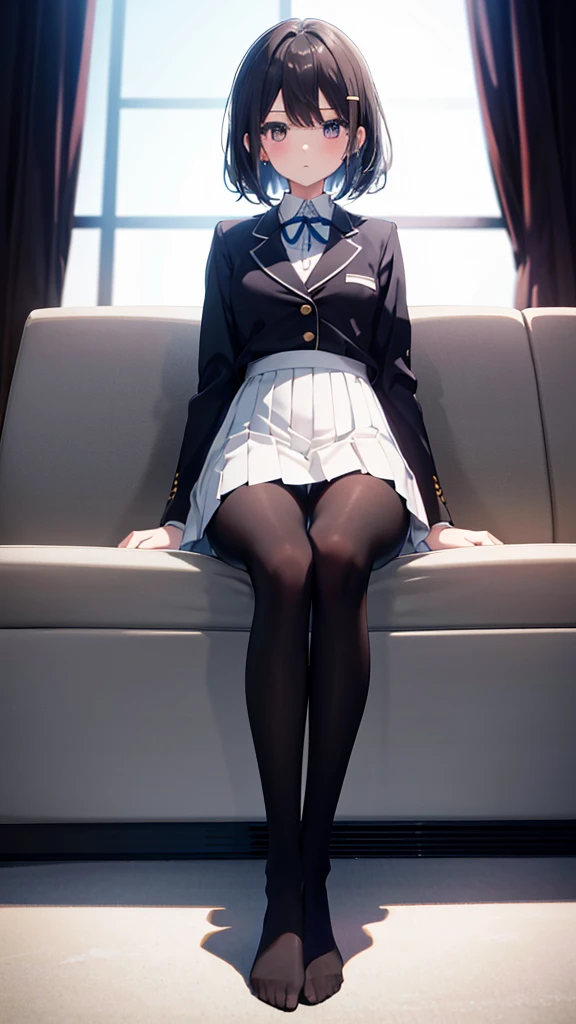 Top quality, masterpiece, High resolution, (Head to toe full body), front, frontやや下からの構図, Symmetric, Tall 18 year old girl, alone, (Head to toe), (Small breasts), bangs, (black tights), (Black Pantyhose), (Sit with your legs apart), (Crouching pose), (A composition showing white panties), (Her legs were spread、I see your white pants.), (I was made to sit on the floor with my legs spread..), (M-shaped legs), Thin legs, A very beautiful and tall 18 year old girl, (No shoes), blush, Shy big eyes, looking at the camera, Blazer Uniform, Checkered Pleated Skirt