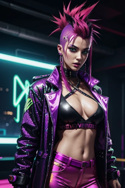 Cyberpunk, Woman, open purple sequin coat, red clothing, cyberpunk mercenary, red silk shirt, neon green tall Mohawk hair, neon party lights in background, bright yellow pants, party going, cyberpunk party with neon light display in background, shiny clothing