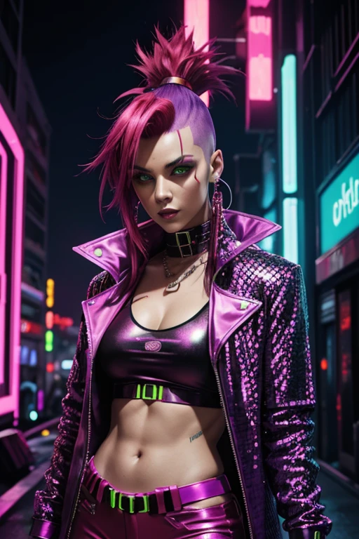 Cyberpunk, Woman, open purple sequin coat, red clothing, cyberpunk mercenary, red silk shirt, neon green tall Mohawk hair, neon party lights in background, bright yellow pants, party going, cyberpunk party with neon light display in background, shiny clothing