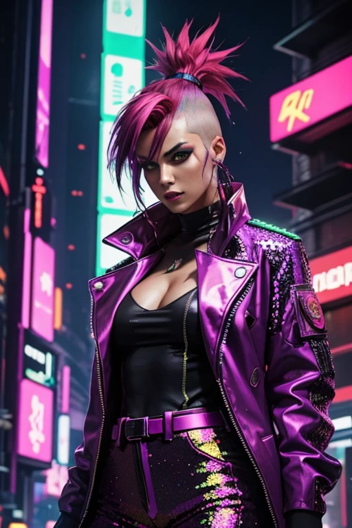 Cyberpunk, Woman, open purple sequin coat, red clothing, cyberpunk mercenary, red silk shirt, neon green tall Mohawk hair, neon party lights in background, bright yellow pants, party going, cyberpunk party with neon light display in background, shiny clothing