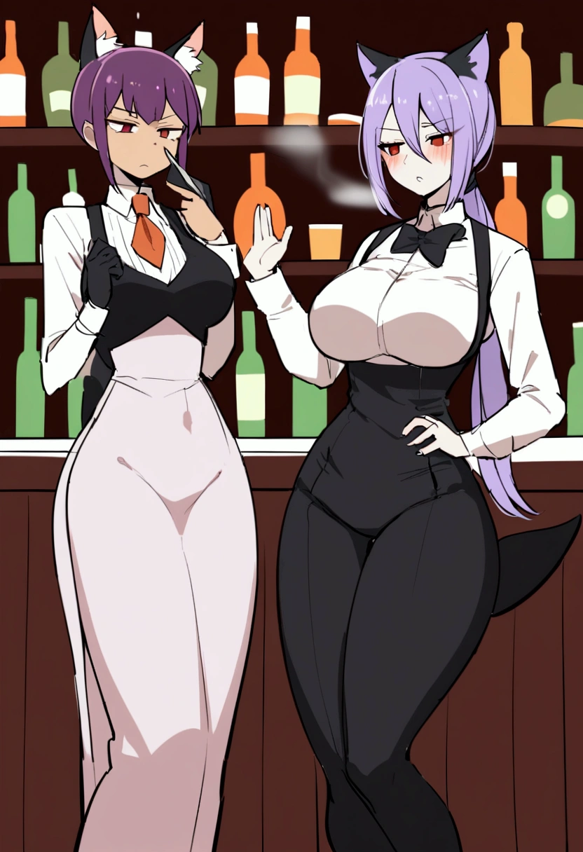 A semi-human waiter, half human orca and cat. (killer whale tail and cat ears), long purple hair tied in a ponytail, with a curvy figure, the woman smoking, with serious face and tall body, Red eyes, the woman is in a bar with alcoholic drinks in the background, With a knife in your hand, slightly blushing