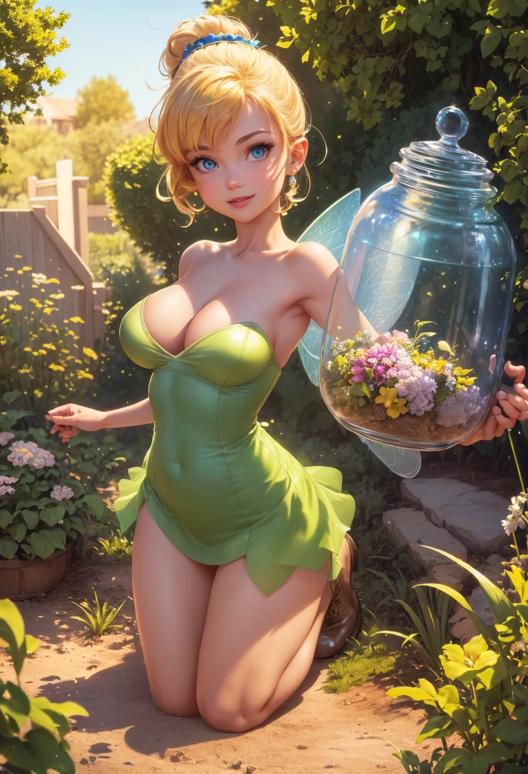 (Tinkerbell Waifu:1), smile, pose on all fours, cute, looking at the viewer, thick thighs, single bun, short hair, (((perfect proportions young body))), (miniature strapless green dress:1), (fairy wings), (focus on breasts:1.2), (realistic: 1.2), (realism), (masterpiece: 1.2), (best quality), (ultra detailed), (16k, 8k, complex),(full body photo: 1),(cowboy photo:1.2), (85mm), light particles, lighting, (highly detailed:1.2), (detailed face:1.2), (gradients), sfw, colorful,(detailed eyes:1.2), (detailed ladscape, inside a glass jar :1.2),(detailed background),detailed landscape, (dynamic angle:1.2), (dynamic posture:1.2), (rule of terceira_compositing:1.3), (line of action:1.2), general plan, daylight, soil, no panties, huge breasts