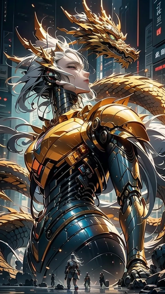 ((best qualtiy)), ((tmasterpiece)), (The is very detailed:1.3), 3D,In Cyberpunk World,A girl in mechanical armor,holding futuristic weapons,The battle is ahead,Behind her was a medium-sized armored mech,At the end of the end, There are super giant mecha Oriental Dragon,hdr(HighDynamicRange),Ray traching,NVIDIA RTX,Hyper-Resolution,Unreal 5,sub surface scattering,PBR textures,Post-processing,Anisotropic filtering,depth of fields,Maximum clarity and sharpness,Many-Layer Textures,Albedo e mapas Speculares,Surface coloring,Accurately simulate light-material interactions,perfectly proportions,rendering by octane,twotonelighting,Low ISO,White balance,trichotomy,Wide aperture,8K raw data,High-Efficiency Sub-Pixel,sub-pixel convolution,Luminous Particle,