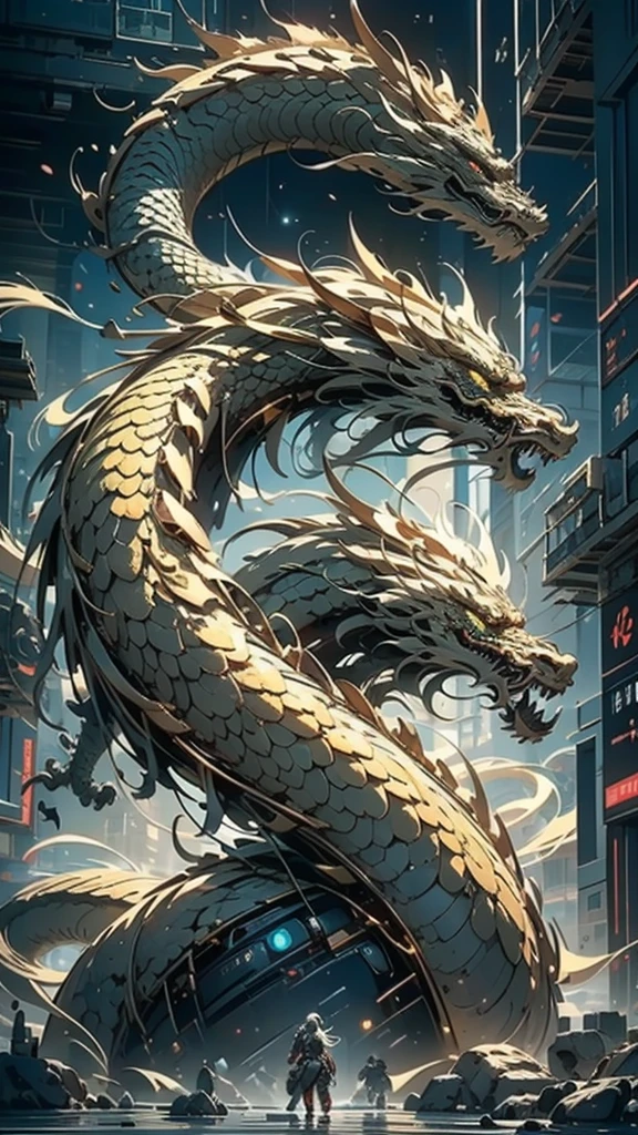 ((best qualtiy)), ((tmasterpiece)), (The is very detailed:1.3), 3D,In Cyberpunk World,A girl in mechanical armor,holding futuristic weapons,The battle is ahead,Behind her was a medium-sized armored mech,At the end of the end, There are super giant mecha Oriental Dragon,hdr(HighDynamicRange),Ray traching,NVIDIA RTX,Hyper-Resolution,Unreal 5,sub surface scattering,PBR textures,Post-processing,Anisotropic filtering,depth of fields,Maximum clarity and sharpness,Many-Layer Textures,Albedo e mapas Speculares,Surface coloring,Accurately simulate light-material interactions,perfectly proportions,rendering by octane,twotonelighting,Low ISO,White balance,trichotomy,Wide aperture,8K raw data,High-Efficiency Sub-Pixel,sub-pixel convolution,Luminous Particle,
