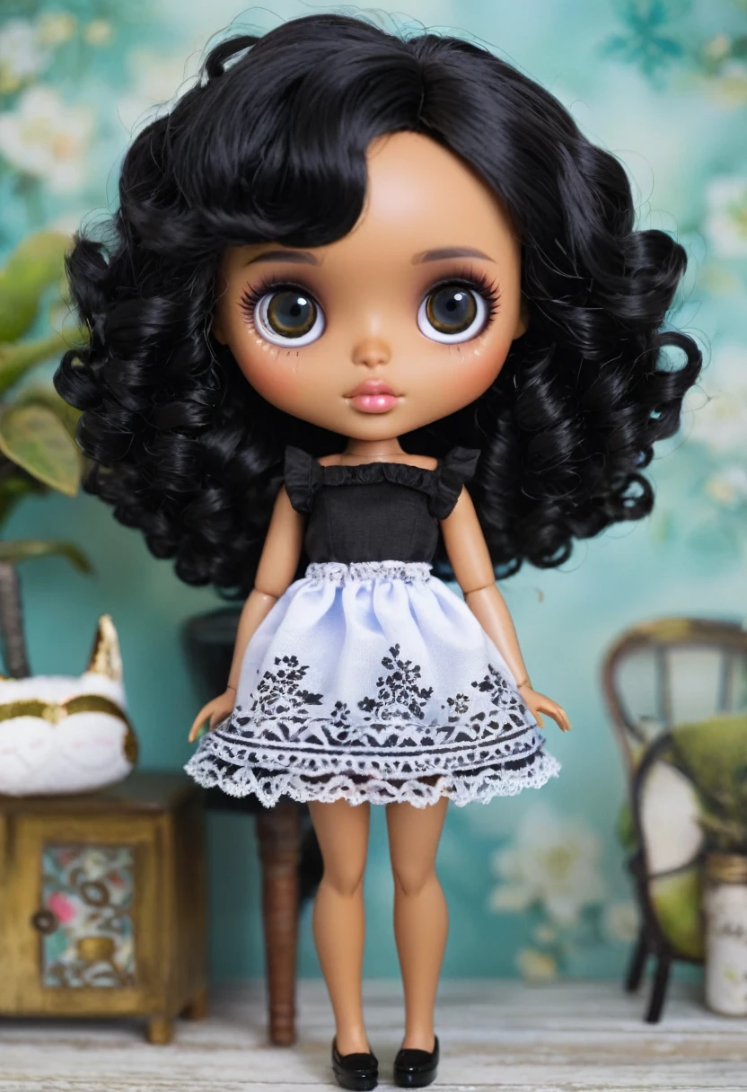 You create a Blythe Doll with light black skin, short black curly hair and black eyes 