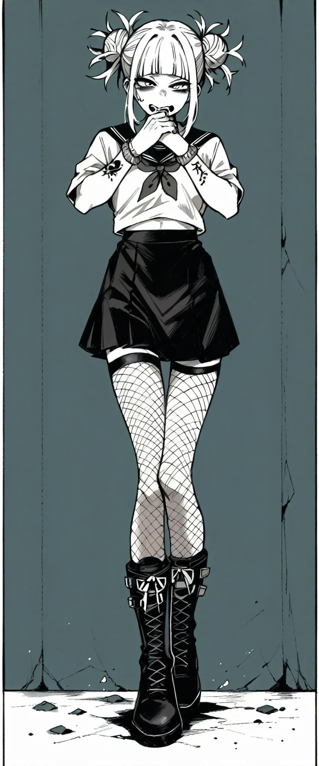 Himiko Toga with tattoos her hands (tatto covering her entire wrist) wearing black clothes with black fishnet stockings and black skirt with black boots (whole body)