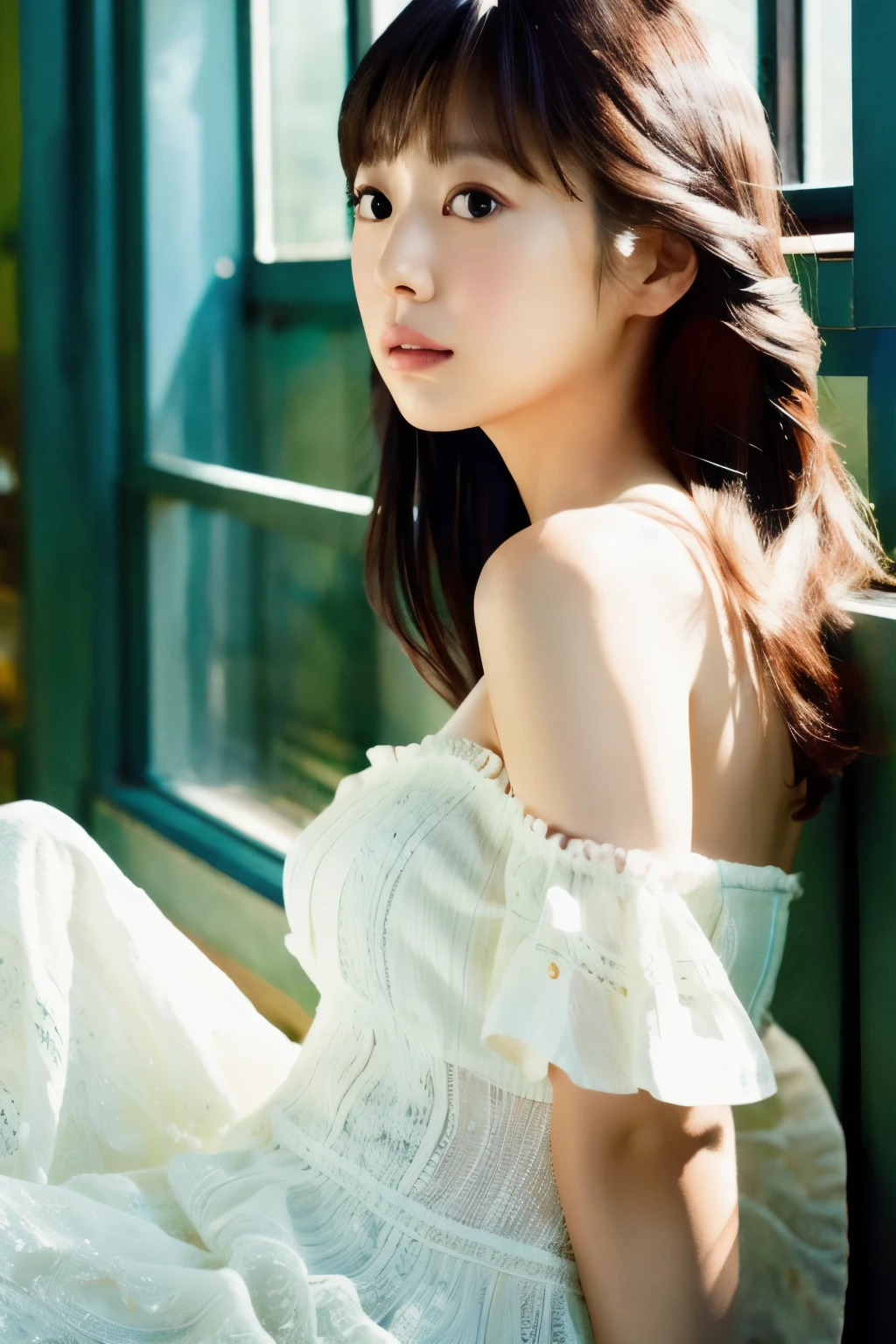 1 girl, (Wear a white summer dress:1.2), (Works by famous designers), Very beautiful Japanese idol portraits, (RAW Photos, highest quality), (Realistic, Realistic:1.4), (masterpiece), Very delicate and beautiful, Very detailed, 2k wallpaper, wonderful, finely, Very detailed CG Unity 8K wallpaper, Very detailed, High resolution, Soft Light, Beautiful detailed girl, Very detailed目と顔, Beautiful and sophisticated nose, Finely beautiful eyes, Cinema Lighting, (Photo shoot for a fashion magazine:1.3), (indoor), (Window Glass), (raindrop), (Semi-long hair), (full body), Complete Anatomy, Slender body, Small breasts, sentimental
