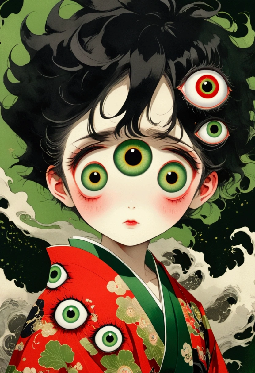Japanese Anime,Second Dimension,Horror style,horror character,(((Three-eyed boy,Vertical Eye:1.9))),(((Gorgeous Japanese red kimono,Eye pattern,Dark Pattern))).(((Thin waist,Green belt:1.6))).(((Holding an eyeball in both hands))),Black background blur