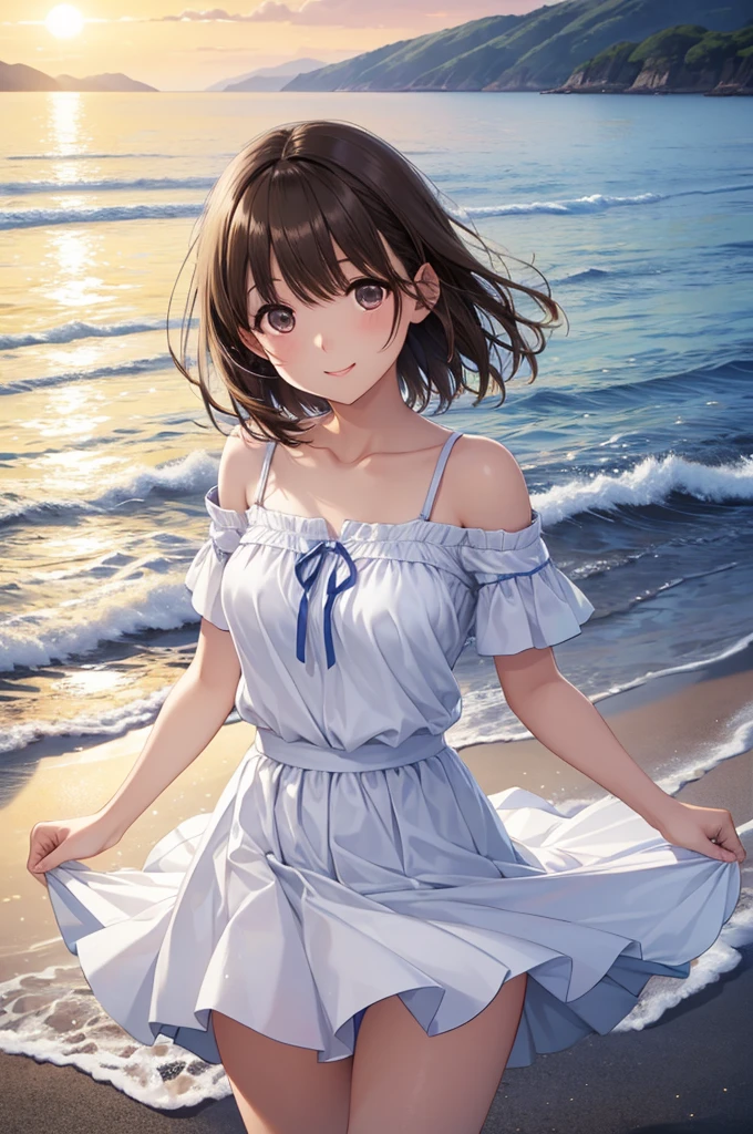 Woman enjoying a walk on the beach. Age 35. 海にreflectionする太陽の光. Volumetric Light. Beautiful sunset、Evening sea、reflection, refraction.anegasaki nene、Shiny brown hair, short hair, (Beautiful brown eyes)、smile、Sparkling eyes, (Fine grain)、Ultra-detailed eyes、Highly detailed face, Highly detailed eyes,Cowboy Shot、White sun mini dress、(Hold the hem of a skirt)