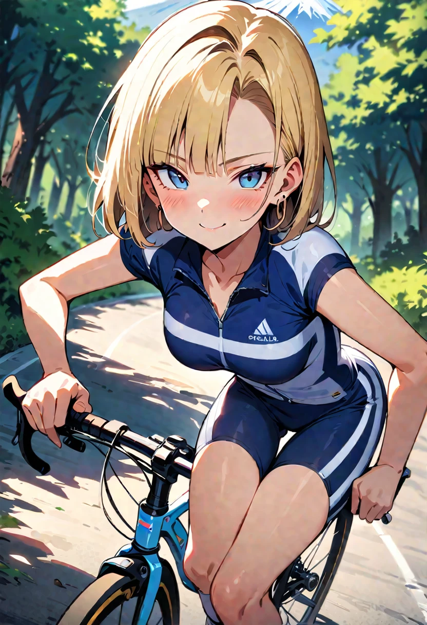 (masterpiece, best quality:1.2),1girl, (solo), Android 18 from Dragon Ball, medium , blunt bangs, blonde short hair, black eyes, earrings on earlobes, slim, slender feminine figure, skinny body, blush, magnificent view, blur background, 4K, pedaling the bike with one leg raised and knee bent in cycling motion, sitting on the saddle with her buttock bike seat, torso leaning forward over the low handlebars grasping the handles, facing camera, navy blue and white striped cycling jersey, navy blue and white striped cycling shorts hugging her toned thighs, white cycling shoes clipped into the white lightweight pedals, riding a white road bike with a striped aerodynamic frame, white thin tires on a paved road, surrounded by lush green trees and foliage lining the paved road, sunlight filtering through leaves, Mount Fuji visible in the distance, collarbone, smile