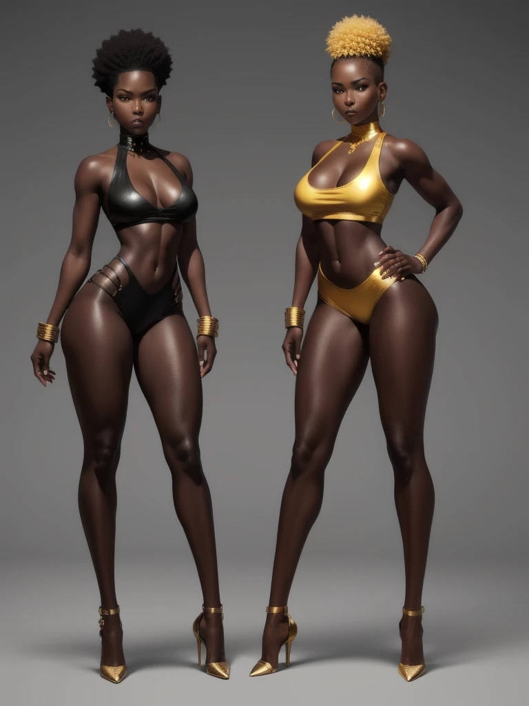((best quality)), ((4k)), ((highres)), ((masterpiece:1.2)). ((detailed)), ((ultra realistic)), ((intricate details)), ((full body picture)), ((solo character)), a full body picture of a beautifull Ebony skinned female, black woman, dark skin, perfect face, detailed eyes, detailed lips, about 25 years old, about 5'5 ft. tall, punk black woman, punk style, side shaved hair ((emphasis on her side shaved hair)), side-shaved afro hair style, ((emphasis on her side-shaved afro hair style)), muscular body, hourglass body type, thick and muscular, dressed in a golden top ((emphasis on her gold tank top)), and black leather pants, high heels, fighting game character concept art, tekken character design, the king of fighters character concept, full bofy, full body concept art, full body art