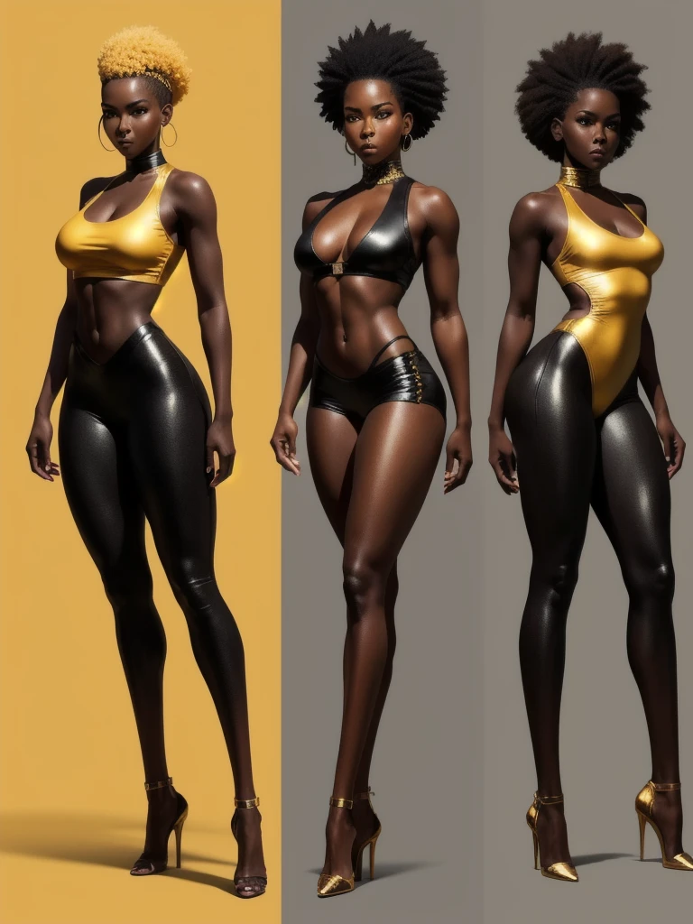 ((best quality)), ((4k)), ((highres)), ((masterpiece:1.2)). ((detailed)), ((ultra realistic)), ((intricate details)), ((full body picture)), ((solo character)), a full body picture of a beautifull Ebony skinned female, black woman, dark skin, perfect face, detailed eyes, detailed lips, about 25 years old, about 5'5 ft. tall, punk black woman, punk style, side shaved hair ((emphasis on her side shaved hair)), side-shaved afro hair style, ((emphasis on her side-shaved afro hair style)), muscular body, hourglass body type, thick and muscular, dressed in a golden top ((emphasis on her gold tank top)), and black leather pants, high heels, fighting game character concept art, tekken character design, the king of fighters character concept, full bofy, full body concept art, full body art