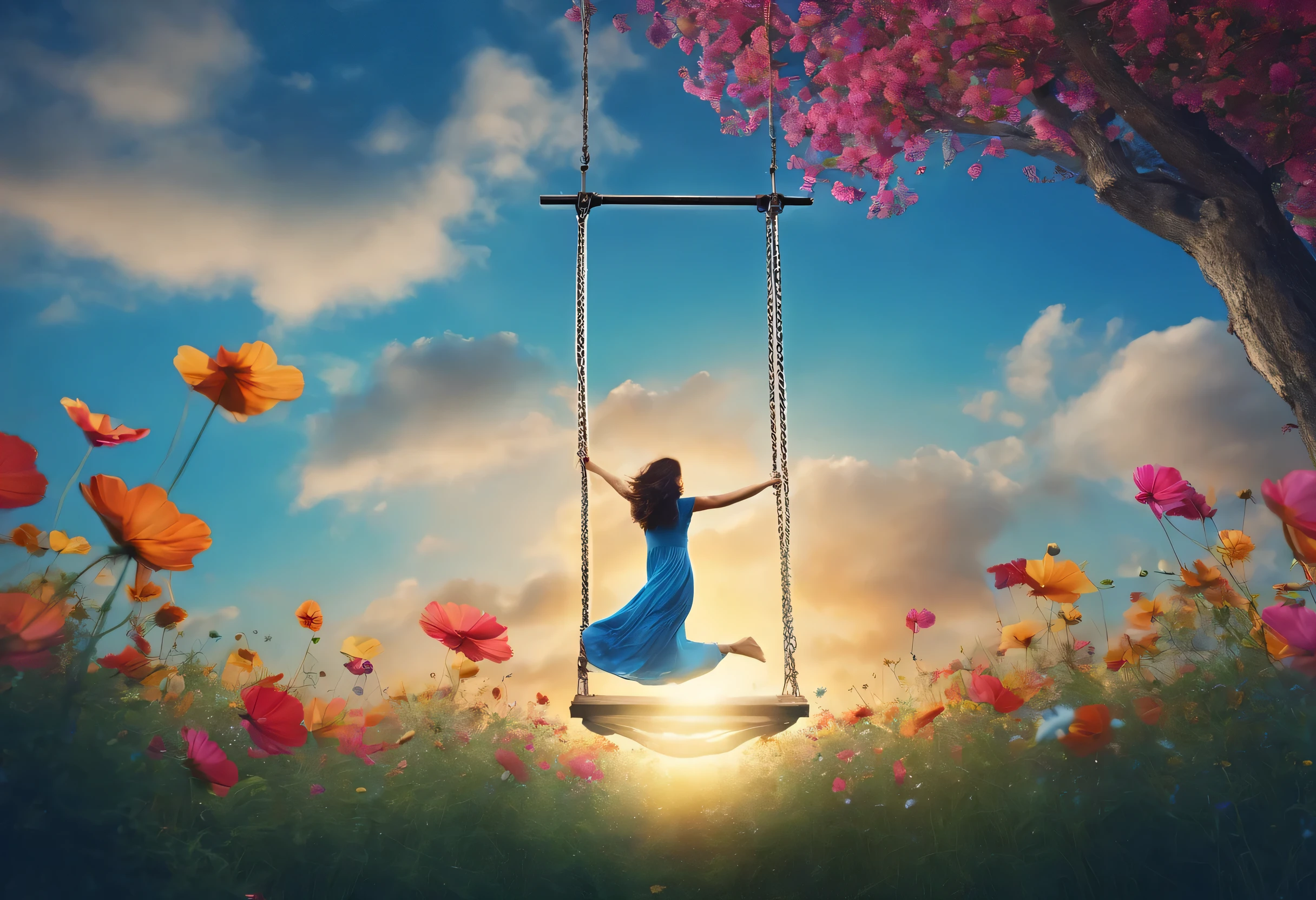 Cosmos field　Swing　blue sky　Girl　looks fun
