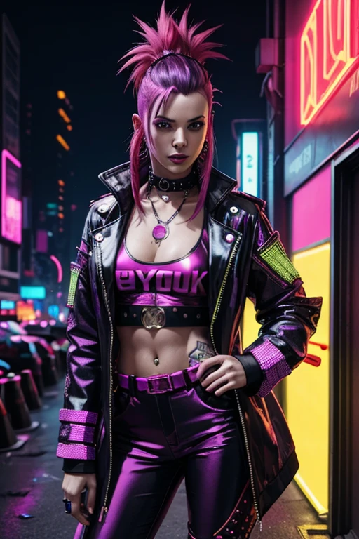 Cyberpunk, Woman, open purple sequin coat, red clothing, cyberpunk mercenary, red silk shirt, neon green Mohawk hair, neon party lights in background, bright yellow pants, party going, cyberpunk party with neon light display in background, shiny clothing, punk tattoos
