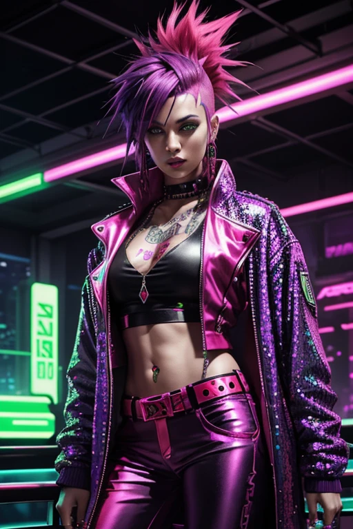 Cyberpunk, Woman, open purple sequin coat, red clothing, cyberpunk mercenary, red silk shirt, neon green Mohawk hair, neon party lights in background, bright yellow pants, party going, cyberpunk party with neon light display in background, shiny clothing, punk tattoos