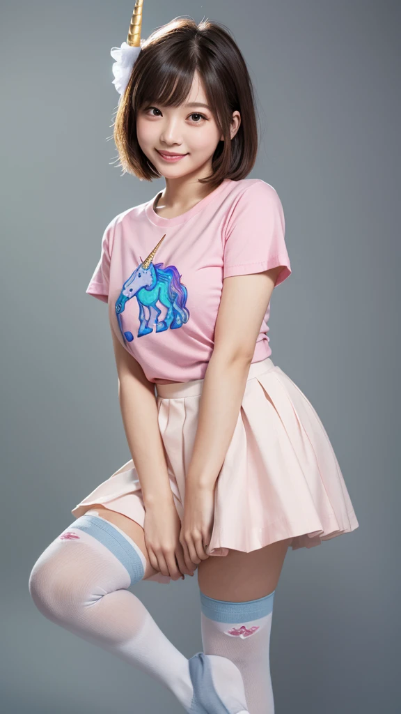 8k, RAW Photos, Highest quality, masterpiece, Realistic, Detailed face, Detailed skin, Warm color temperature, (Simple gray background:1.1), Beautiful Japanese Girl, (short hair:1.1), Asymmetrical bangs, Light brown hair, Full Body Shot, Front view, (One Girl:1.2), (Low length:1.1), height: 148cm, , skinny, (Light blue ruffled micro skirt:1.2), (Pink t-shirt for girls with a unicorn illustration:1.2), (Striped knee socks:1.2), Huge breasts, Fake breasts, smile