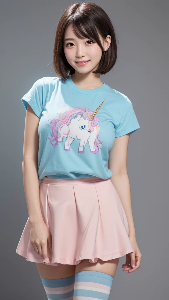 8k, RAW Photos, Highest quality, masterpiece, Realistic, Detailed face, Detailed skin, Warm color temperature, (Simple gray background:1.1), Beautiful Japanese Girl, (short hair:1.1), Asymmetrical bangs, Light brown hair, Full Body Shot, Front view, (One Girl:1.2), (Low length:1.1), height: 148cm, , skinny, (Light blue ruffled micro skirt:1.2), (Pink t-shirt for girls with a unicorn illustration:1.2), (Striped knee socks:1.2), Huge breasts, Fake breasts, smile